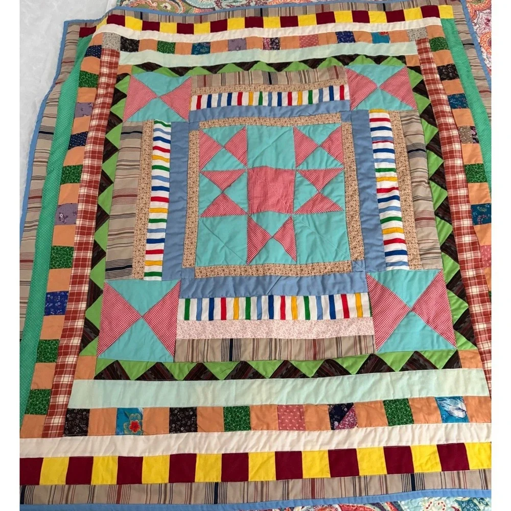 Handmade Patchwork Star Block Quilt 52x56 Throw Blanket Cottage Farmhouse Folk